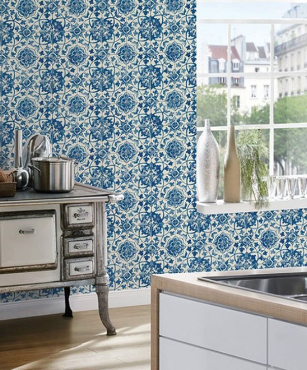Blue and White Moroccan Tile Wallpaper